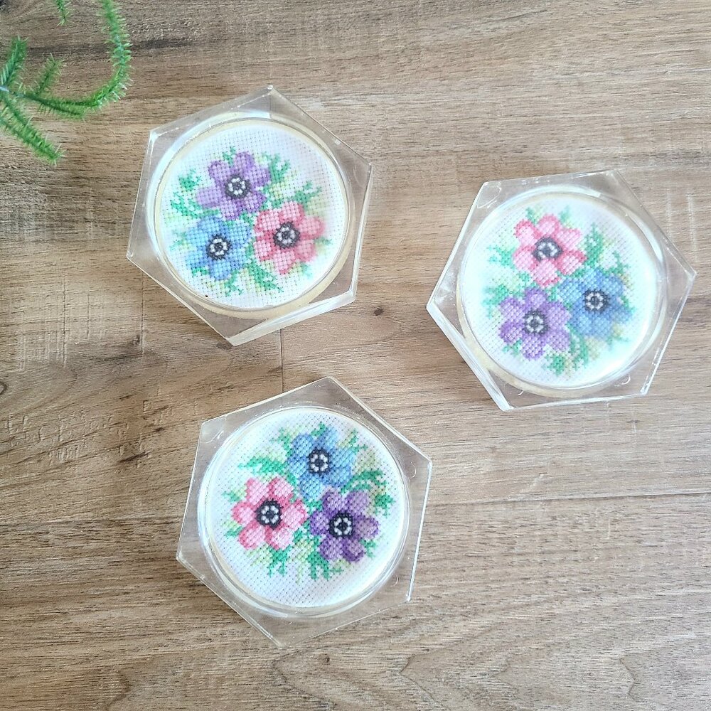 3 vintage Lucite plastic coasters with floral embroidery middle parts